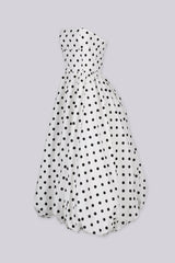Strapless tube top style polkadot midi dress featuring bubble hem flare detail, Double hem lining