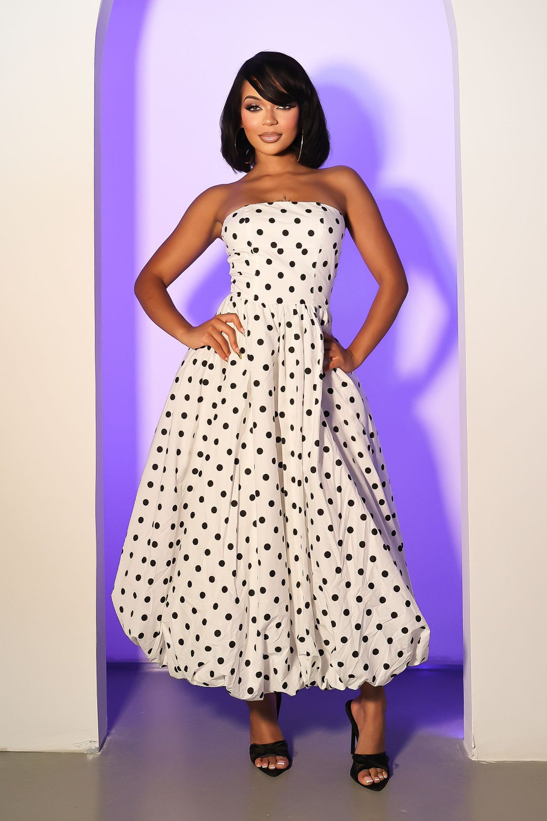 Strapless tube top style polkadot midi dress featuring bubble hem flare detail, Double hem lining