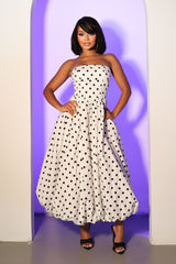 Strapless tube top style polkadot midi dress featuring bubble hem flare detail, Double hem lining