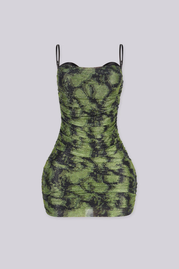 Rhinestone bodycon mini dress featuring a sweetheart bustier top with contrasting solid black cups, Horizontal ruching throughout with thin adjustable spaghetti straps