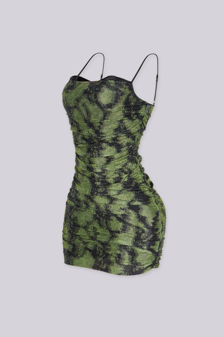 Rhinestone bodycon mini dress featuring a sweetheart bustier top with contrasting solid black cups, Horizontal ruching throughout with thin adjustable spaghetti straps