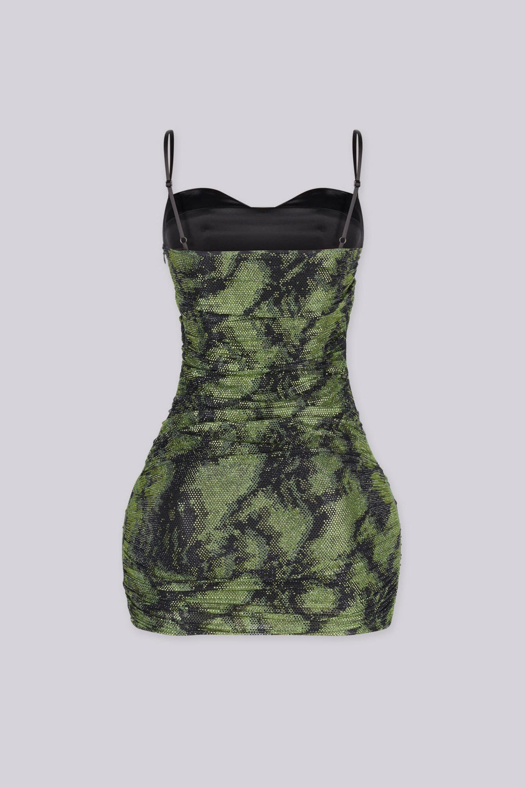 Rhinestone bodycon mini dress featuring a sweetheart bustier top with contrasting solid black cups, Horizontal ruching throughout with thin adjustable spaghetti straps