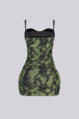 Rhinestone bodycon mini dress featuring a sweetheart bustier top with contrasting solid black cups, Horizontal ruching throughout with thin adjustable spaghetti straps