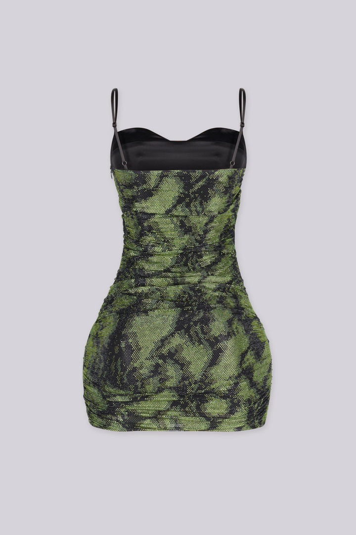 Rhinestone bodycon mini dress featuring a sweetheart bustier top with contrasting solid black cups, Horizontal ruching throughout with thin adjustable spaghetti straps