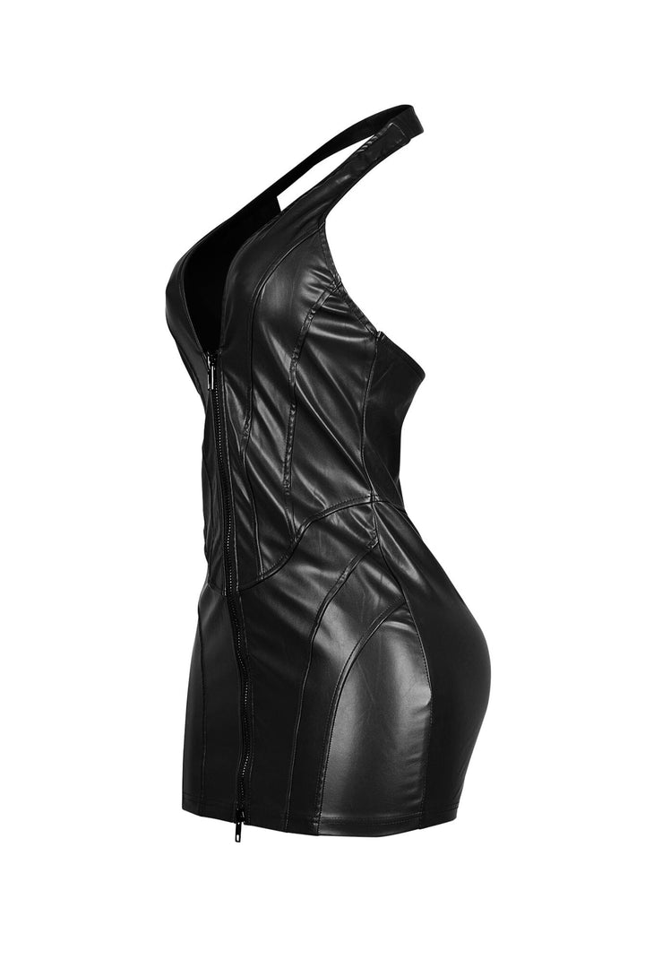 Faux leather corset mini dress featuring halter V neck with two way front zip-up closure
