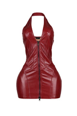 Faux leather corset mini dress featuring halter V neck with two way front zip-up closure