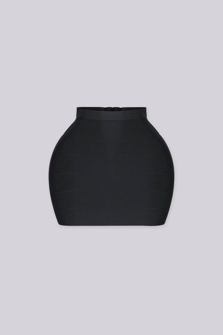 High waisted bodycon mini skirt featuring horizontal elasticized paneling detail