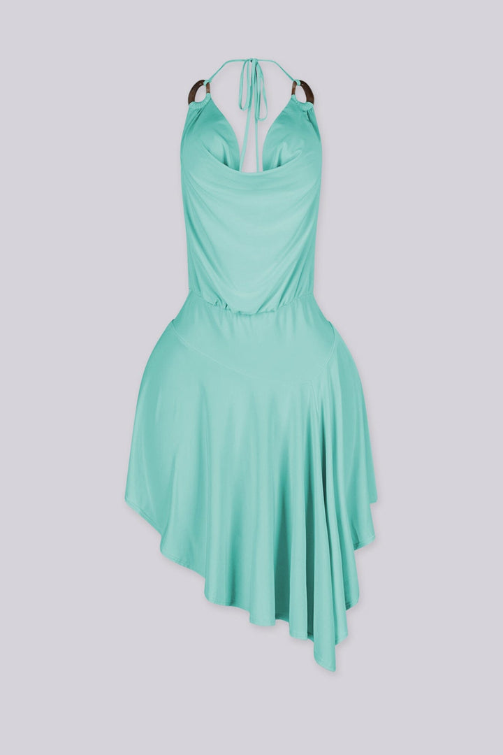 Asymmetrical hemline halter mini dress featuring draped cowl neckline with O ring details