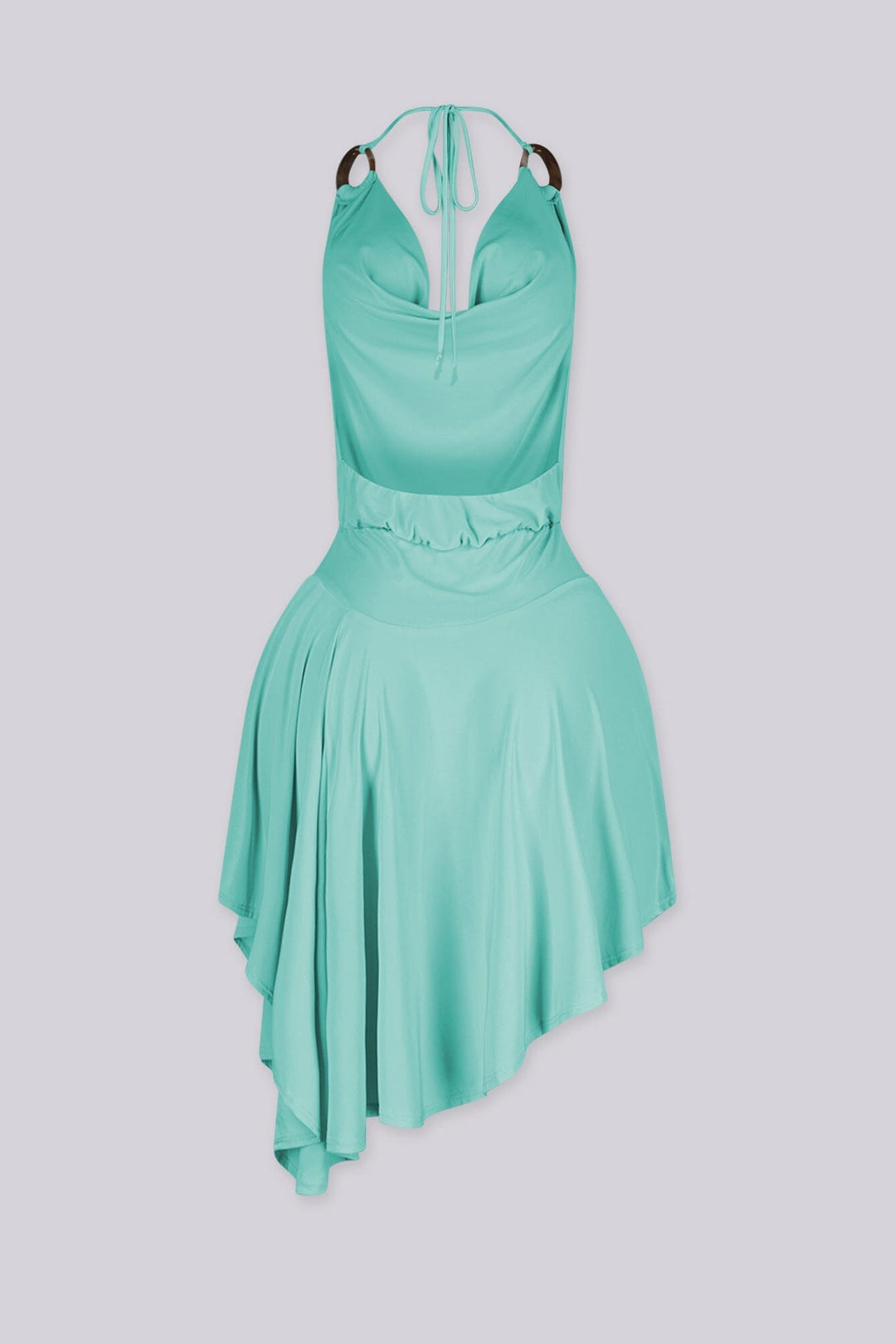 Asymmetrical hemline halter mini dress featuring draped cowl neckline with O ring details