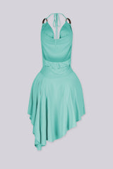 Asymmetrical hemline halter mini dress featuring draped cowl neckline with O ring details