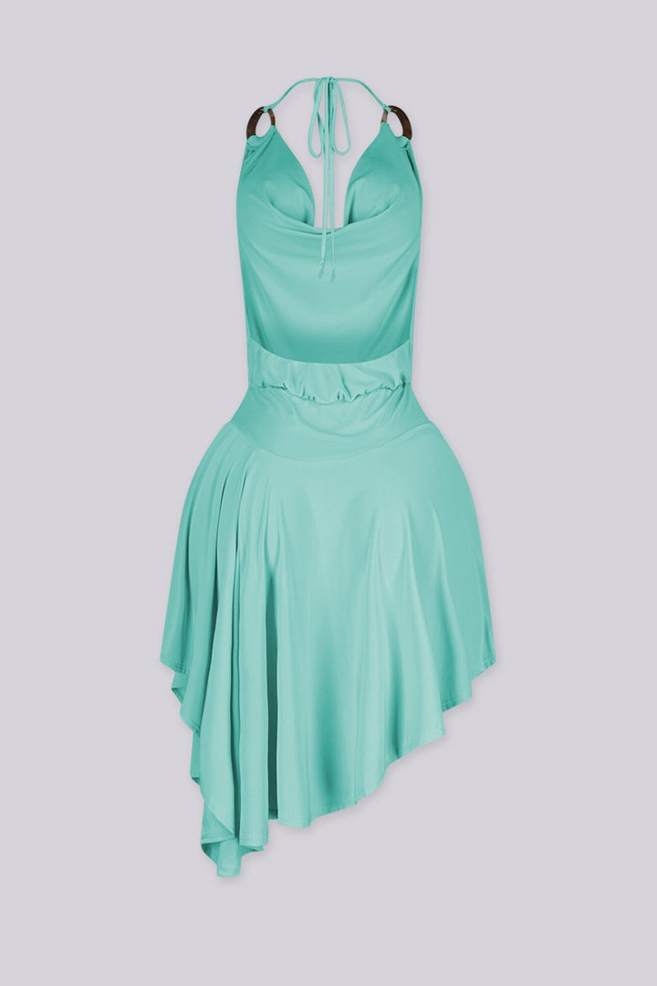 Asymmetrical hemline halter mini dress featuring draped cowl neckline with O ring details