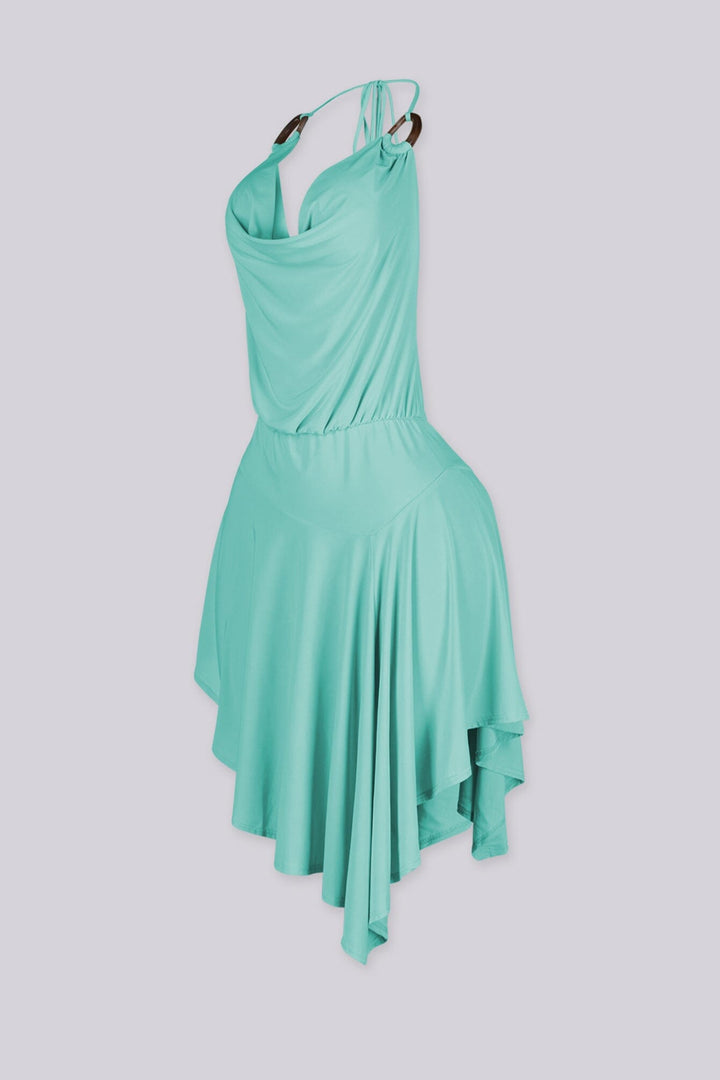 Asymmetrical hemline halter mini dress featuring draped cowl neckline with O ring details