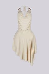 Asymmetrical hemline halter mini dress featuring draped cowl neckline with O ring details