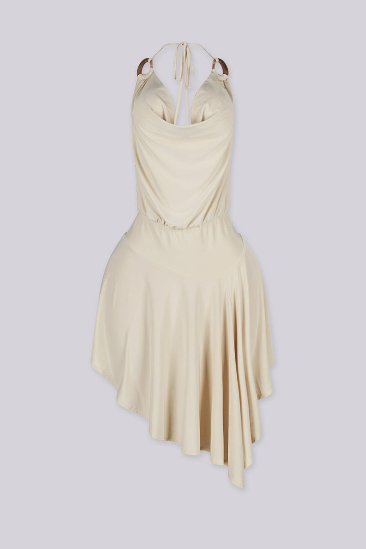 Asymmetrical hemline halter mini dress featuring draped cowl neckline with O ring details