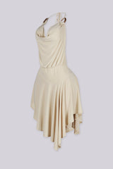 Asymmetrical hemline halter mini dress featuring draped cowl neckline with O ring details