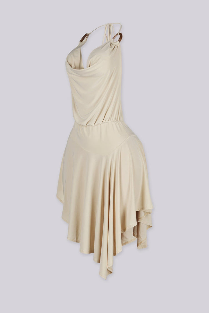 Asymmetrical hemline halter mini dress featuring draped cowl neckline with O ring details
