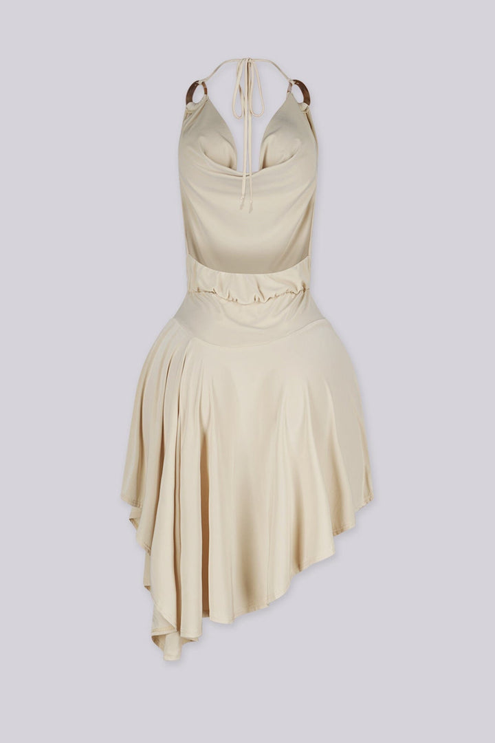 Asymmetrical hemline halter mini dress featuring draped cowl neckline with O ring details