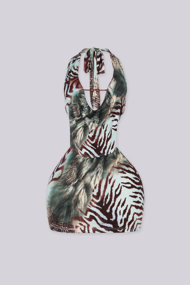 Animal print halter mini dress with deep draped cowl neckline featuring beads charm center connector