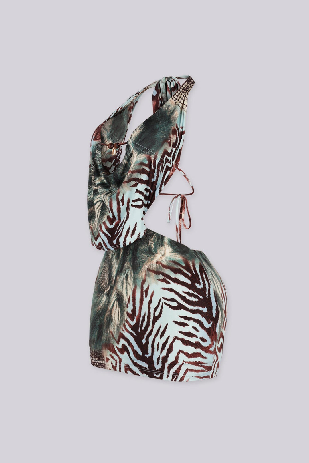 Animal print halter mini dress with deep draped cowl neckline featuring beads charm center connector