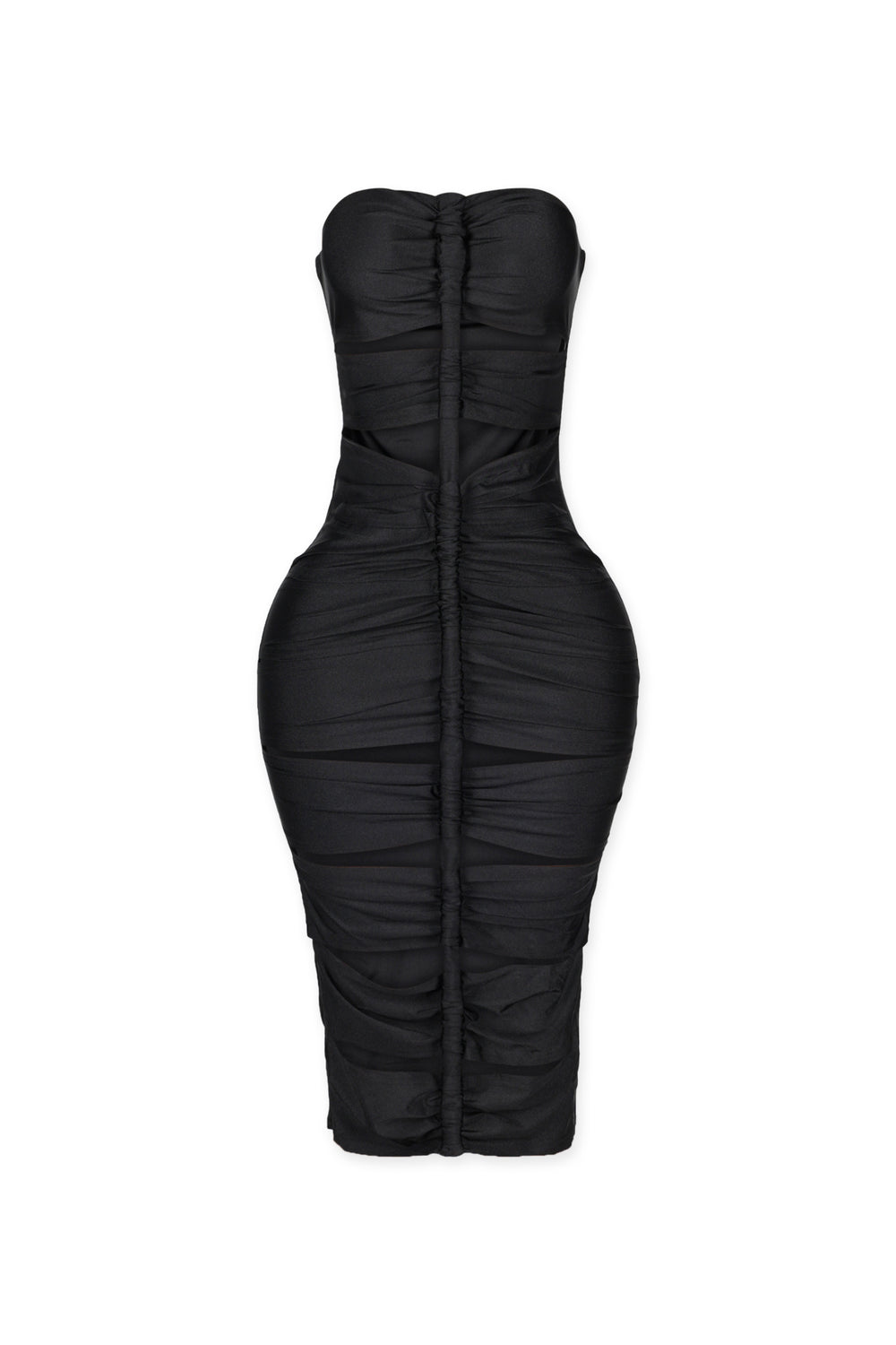 Tube midi dress featuring cutout details with a vertical roller motif centerpiece on the front