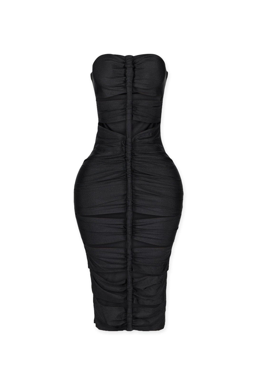 Tube midi dress featuring cutout details with a vertical roller motif centerpiece on the front