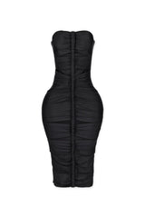 Tube midi dress featuring cutout details with a vertical roller motif centerpiece on the front