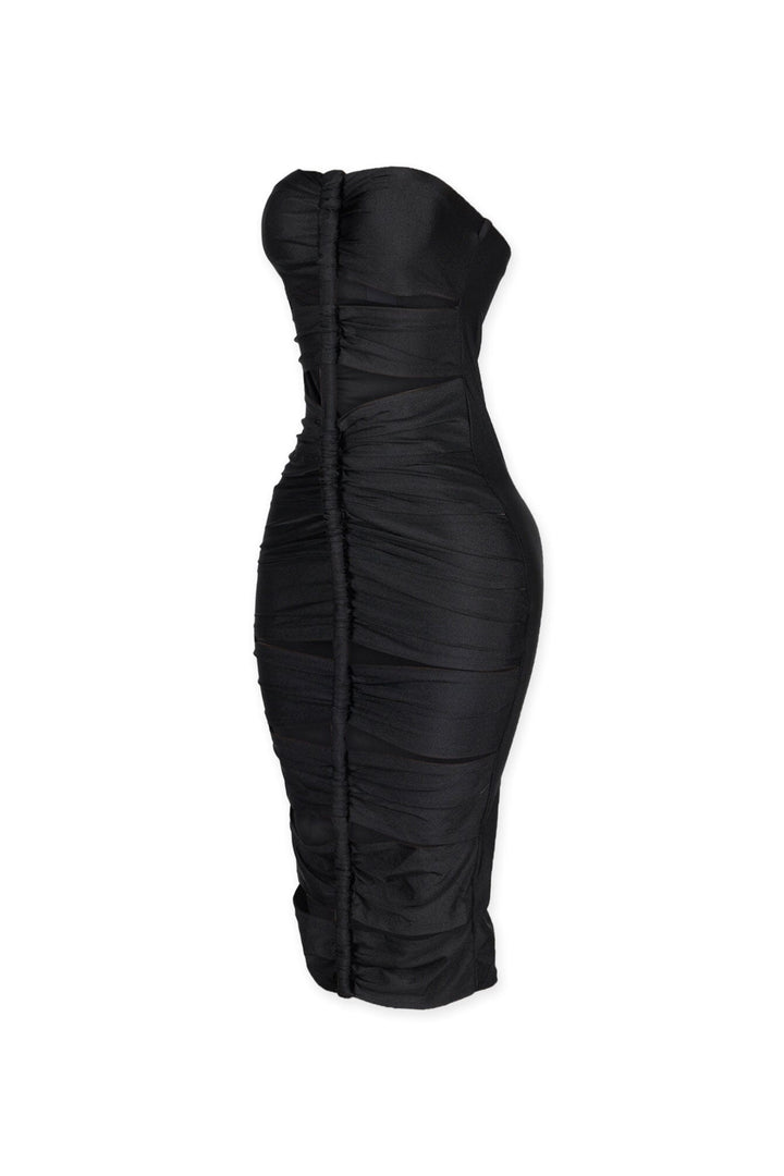 Tube midi dress featuring cutout details with a vertical roller motif centerpiece on the front