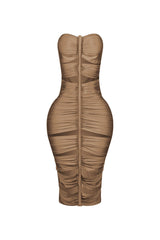 Tube midi dress featuring cutout details with a vertical roller motif centerpiece on the front
