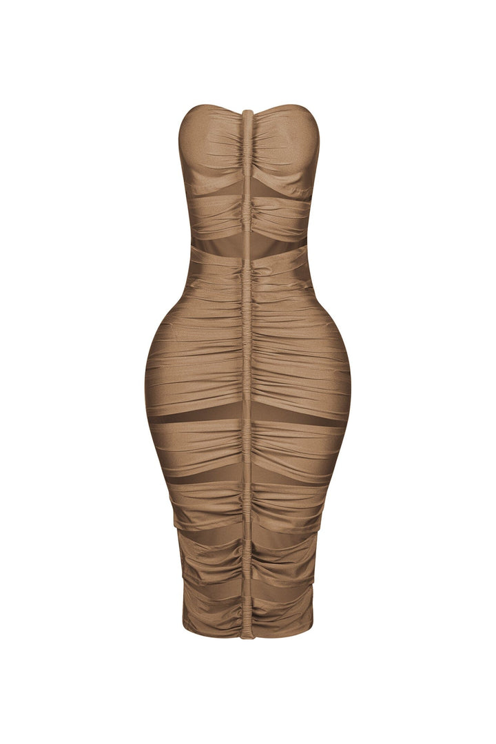Tube midi dress featuring cutout details with a vertical roller motif centerpiece on the front