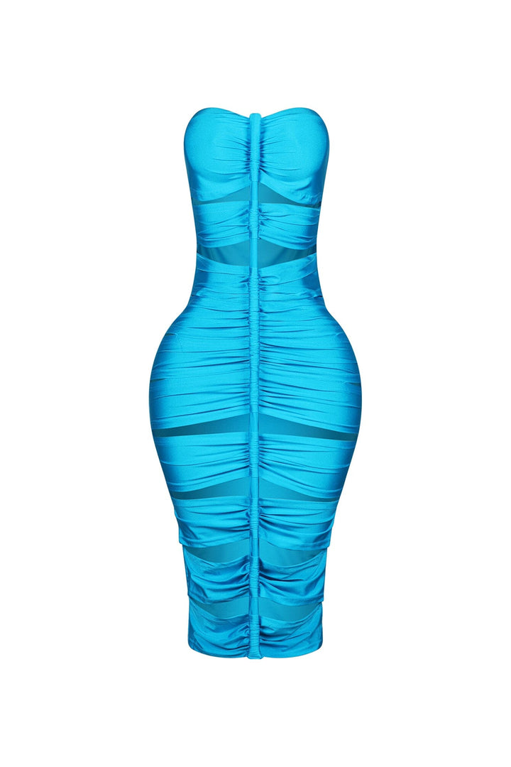 Tube midi dress featuring cutout details with a vertical roller motif centerpiece on the front