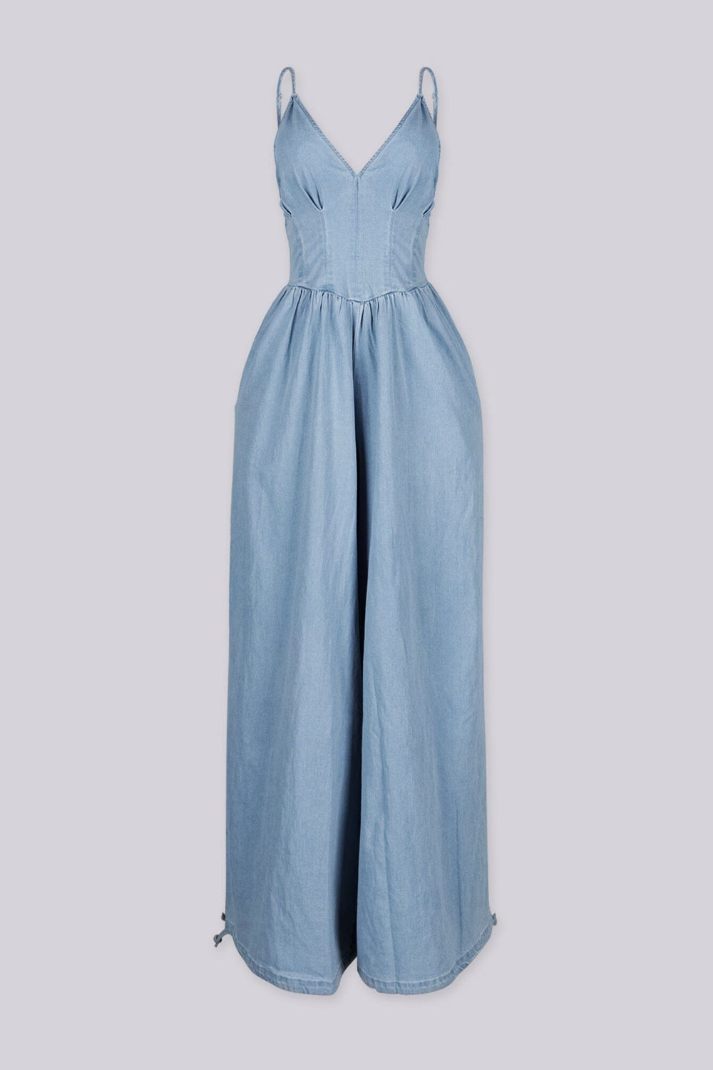 EDGEBYKS — light denim corset balloon leg jumpsuit, front view flat lay alternate