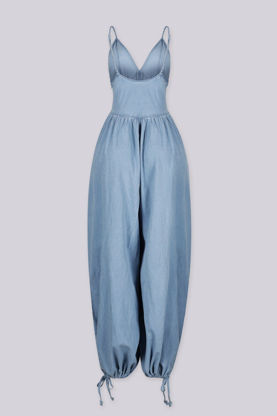 EDGEBYKS — light denim corset balloon leg jumpsuit, front view flat lay straight on