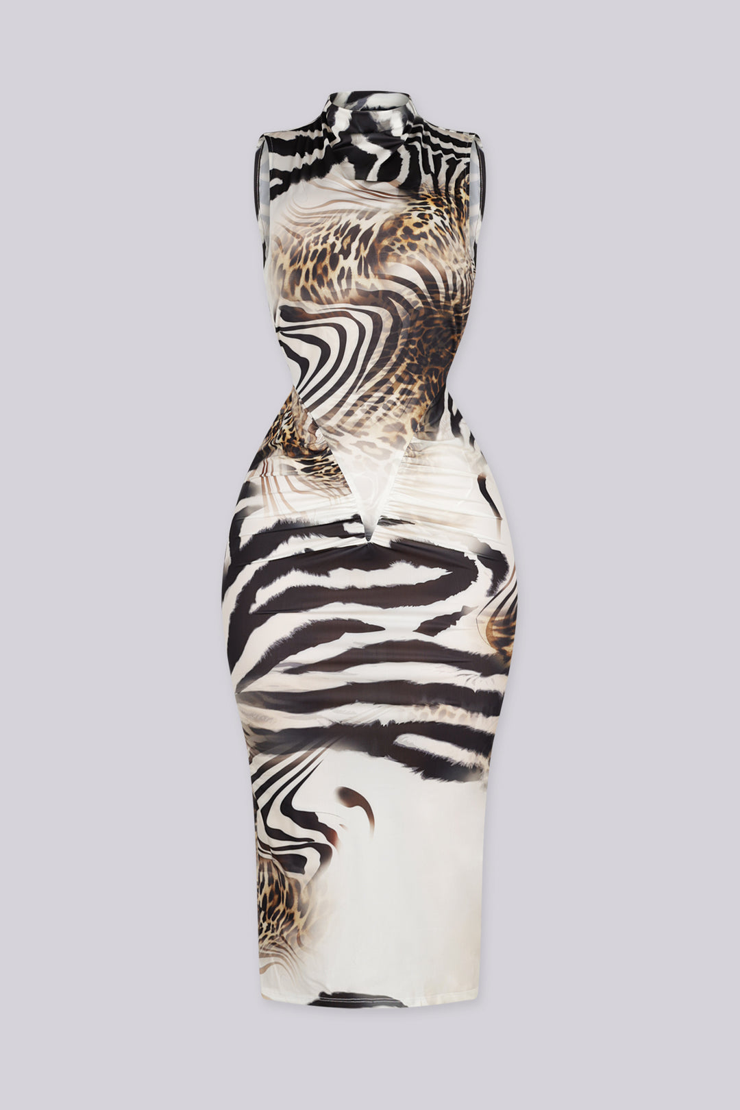 Mixed animal print sleeveless bodycon dress with high mock neckline