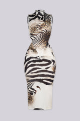 Mixed animal print sleeveless bodycon dress with high mock neckline