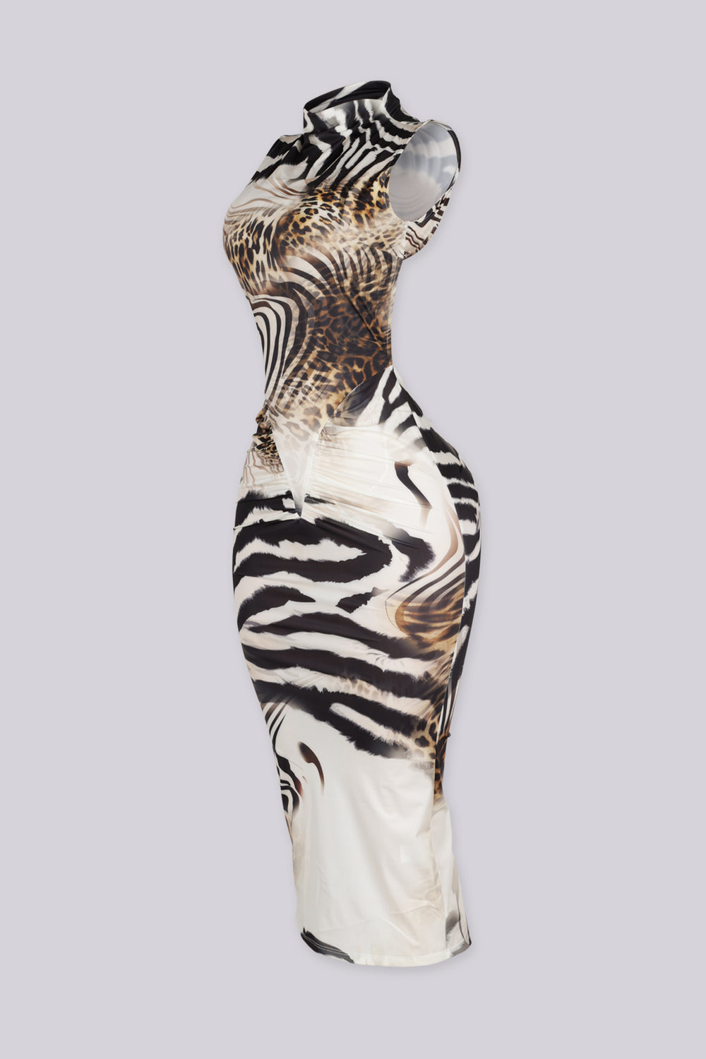 Mixed animal print sleeveless bodycon dress with high mock neckline
