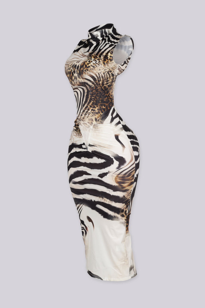 Mixed animal print sleeveless bodycon dress with high mock neckline