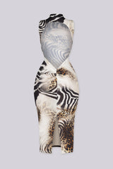 Mixed animal print sleeveless bodycon dress with high mock neckline