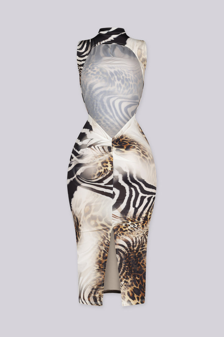 Mixed animal print sleeveless bodycon dress with high mock neckline