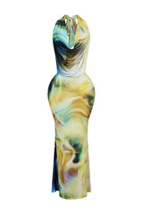 Bodycon halter maxi dress with deep plunging draped cowl neckline featuring flowing silhouette with back slit detail