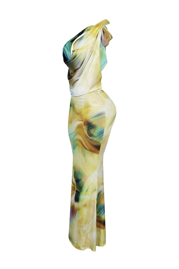 Bodycon halter maxi dress with deep plunging draped cowl neckline featuring flowing silhouette with back slit detail