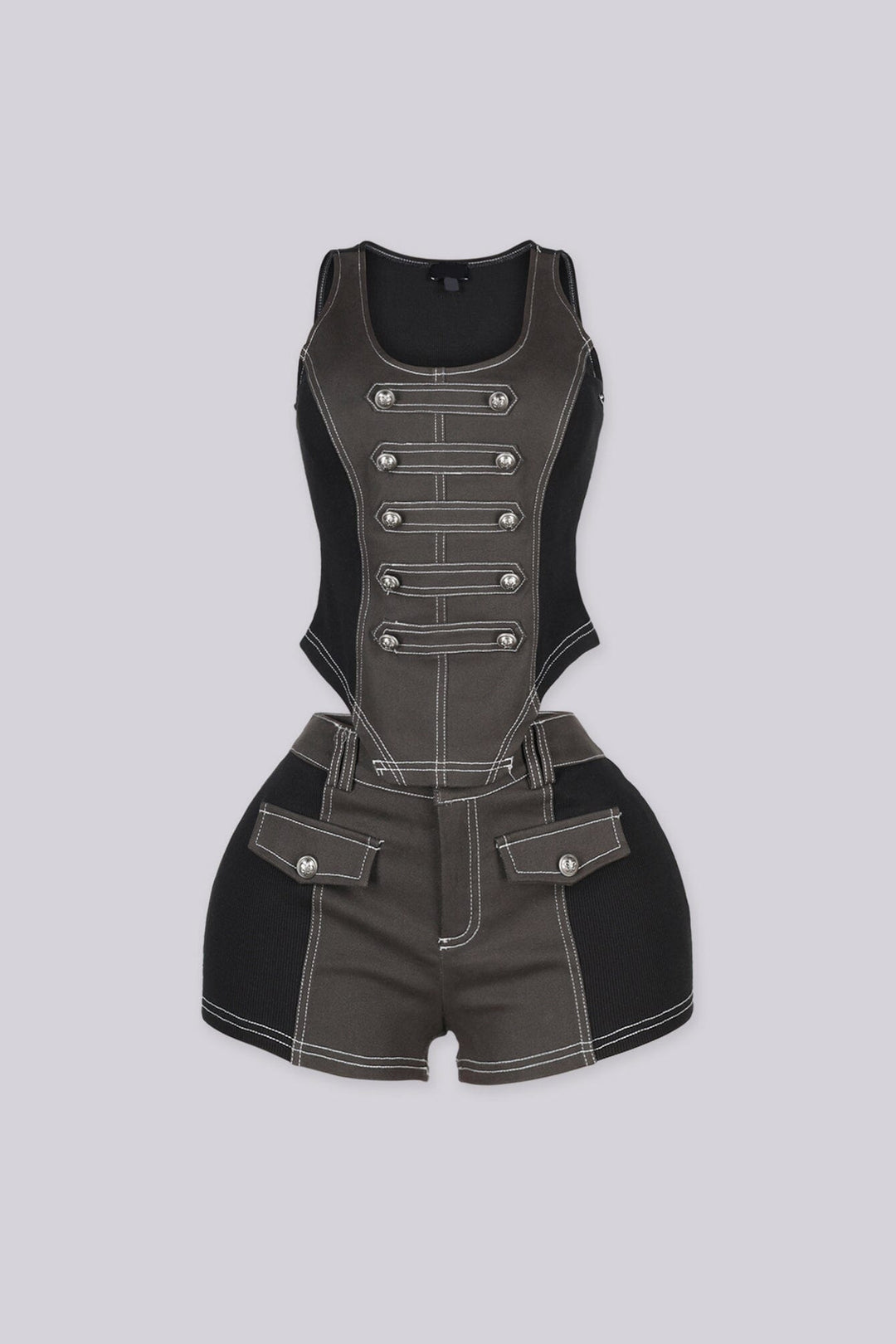 Two tone black tank top featuring decorative front bands with metallic buttons