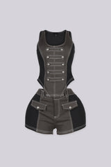 Two tone black tank top featuring decorative front bands with metallic buttons