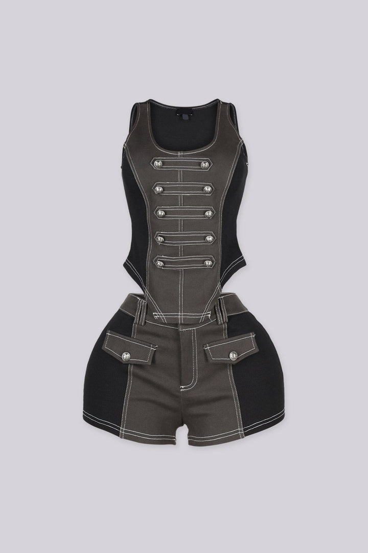 Two tone black tank top featuring decorative front bands with metallic buttons