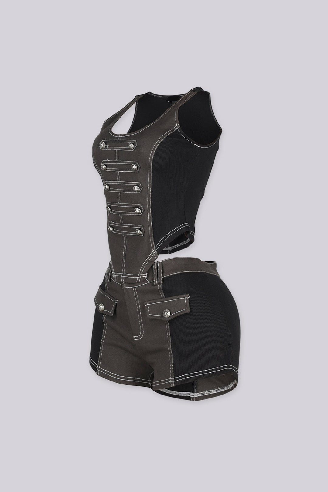 Two tone black tank top featuring decorative front bands with metallic buttons