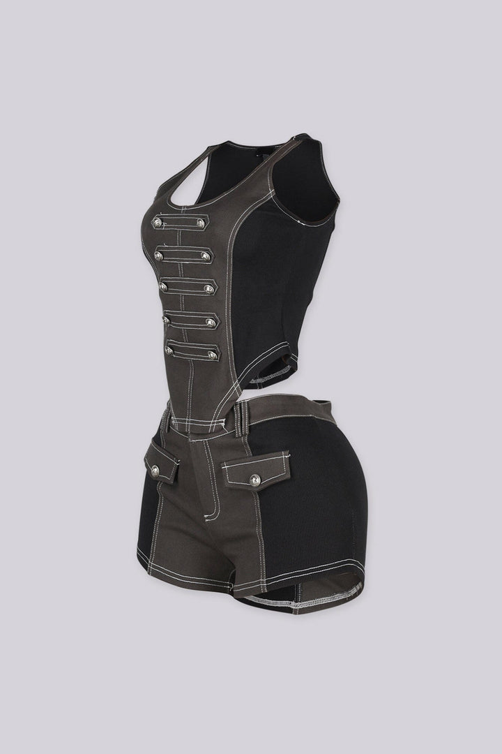 Two tone black tank top featuring decorative front bands with metallic buttons