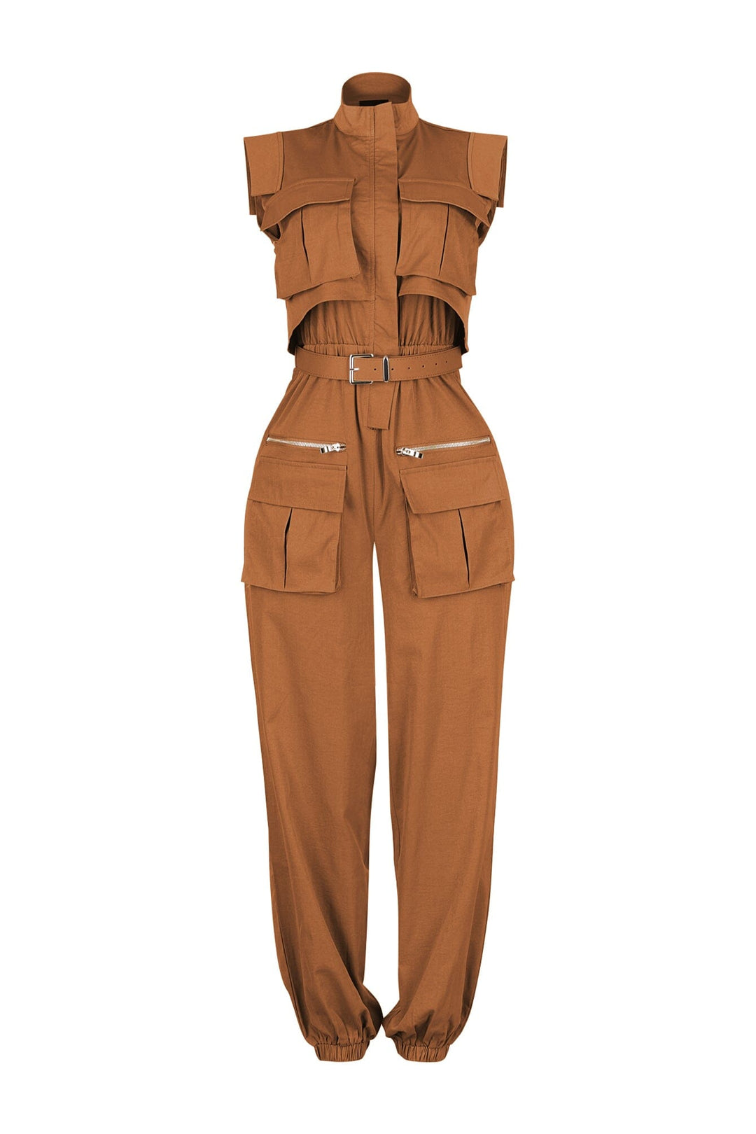 Cargo style jogger jumpsuit with high neck collar featuring elasticized cinched waistband and utility pockets
Comes with a detachable belt