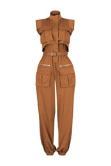Cargo style jogger jumpsuit with high neck collar featuring elasticized cinched waistband and utility pockets
Comes with a detachable belt