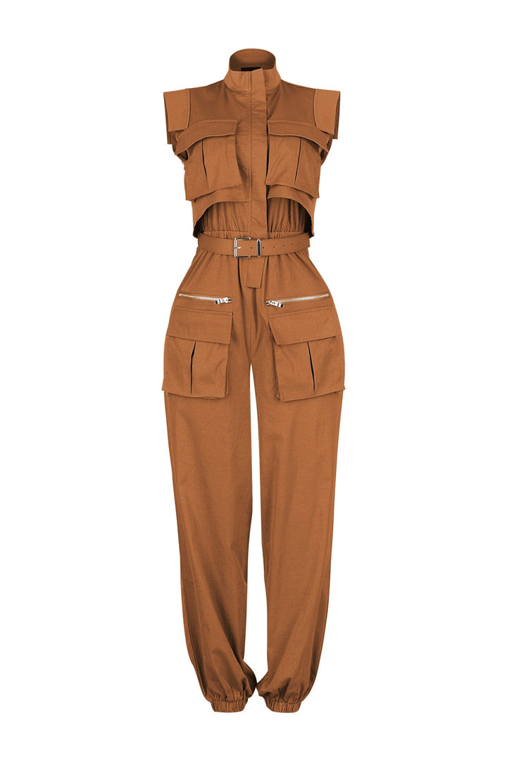 Cargo style jogger jumpsuit with high neck collar featuring elasticized cinched waistband and utility pockets
Comes with a detachable belt
