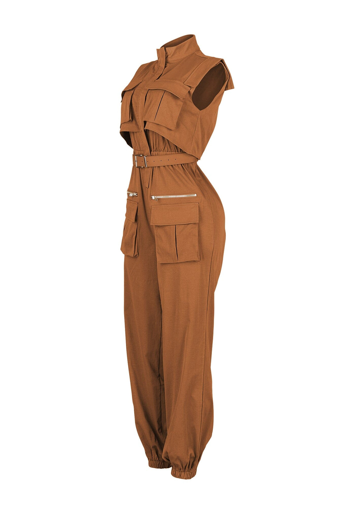 Cargo style jogger jumpsuit with high neck collar featuring elasticized cinched waistband and utility pockets
Comes with a detachable belt