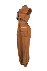 Cargo style jogger jumpsuit with high neck collar featuring elasticized cinched waistband and utility pockets
Comes with a detachable belt